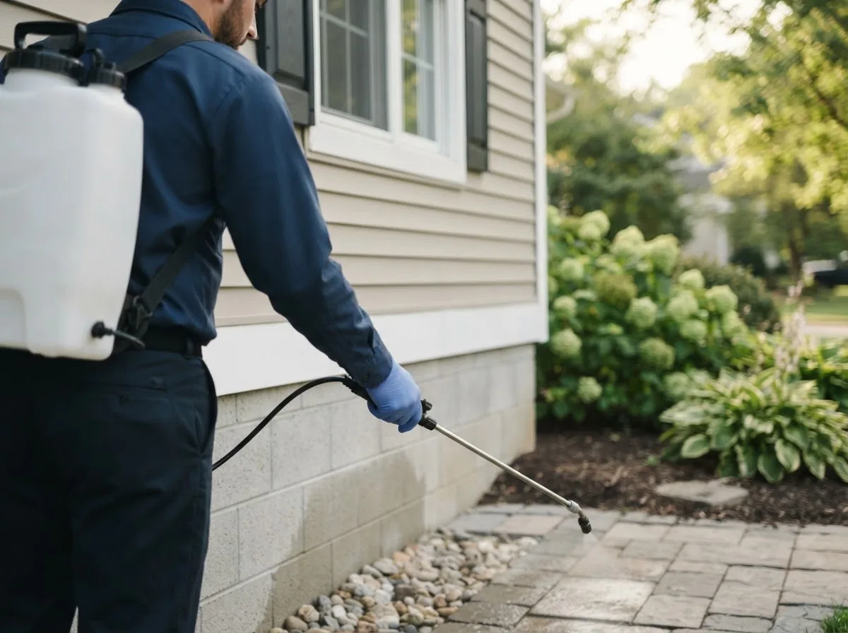 Pest control technician inspecting a home in Wheeler, IL
